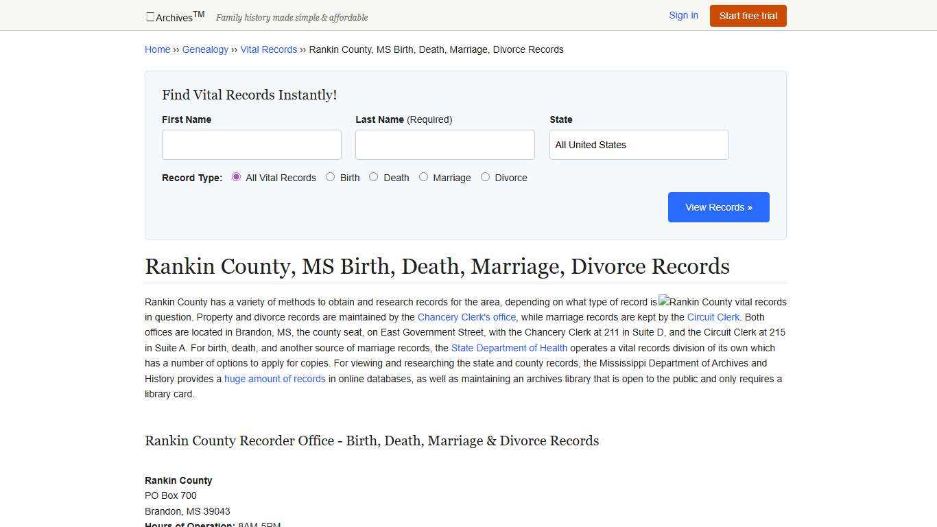 Rankin County, MS Birth, Death, Marriage, Divorce Records